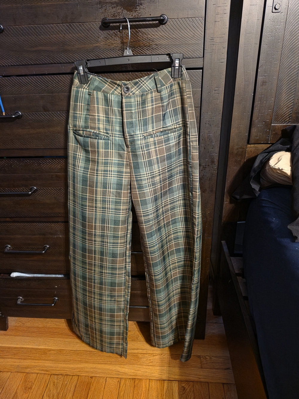 ROMWE Green and Brown Plaid Straight-Leg Chinos